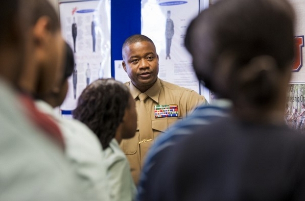 In the Florida Panhandle, football and military seen as ways out. Marine Recruiter Master Sgt. Newton McPherson addresses students during a visit to a JROTC class at Jefferson County Middle/High School. COLIN HACKLEY/For The Washington Post 